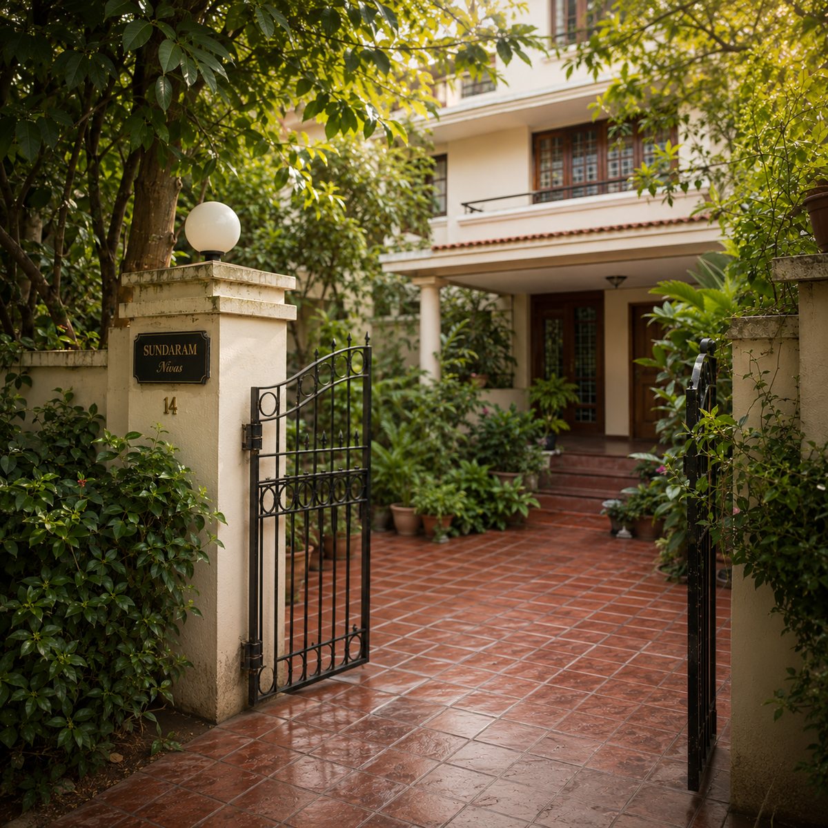 A well-kept home behind an iron gate with a leafy courtyard