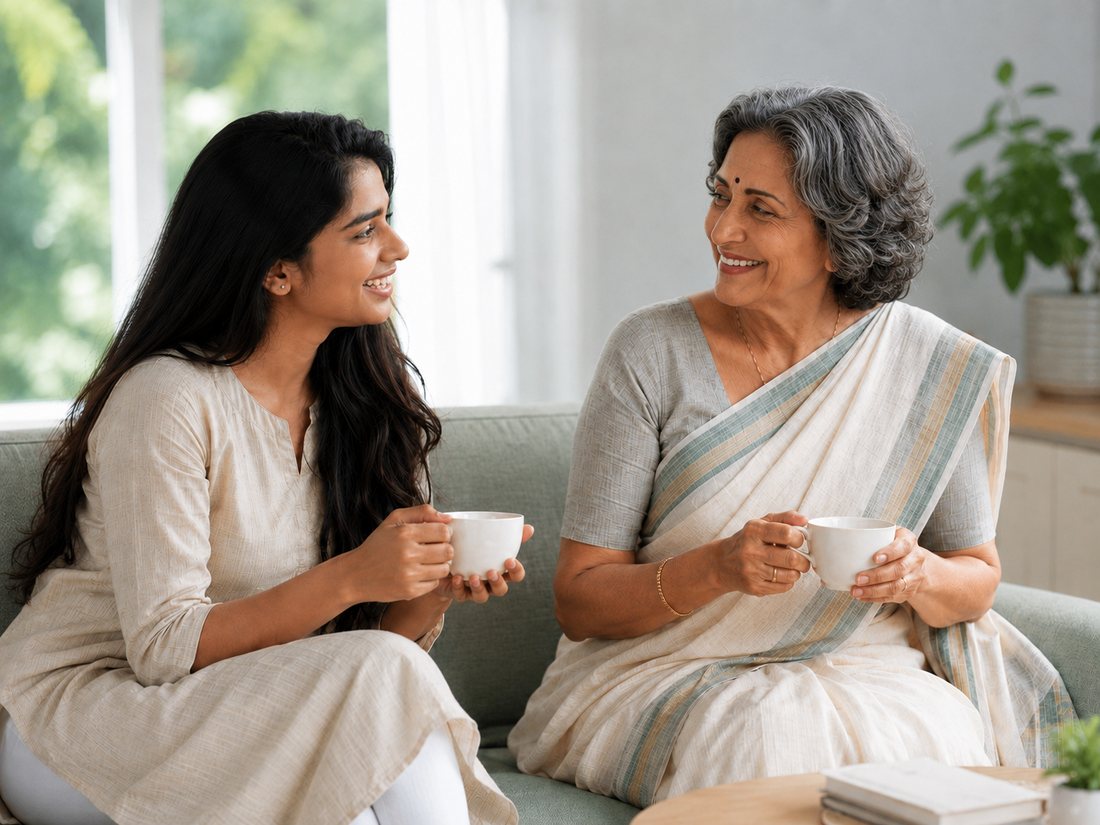 An associate and a senior sharing tea and conversation at home